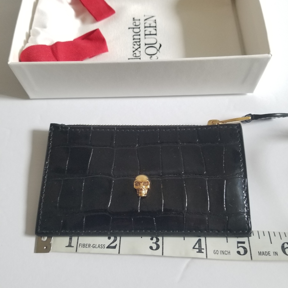 Alexander McQueen Croc-Embossed Leather Skull Card Holder Black Gold - Picture 6 of 8